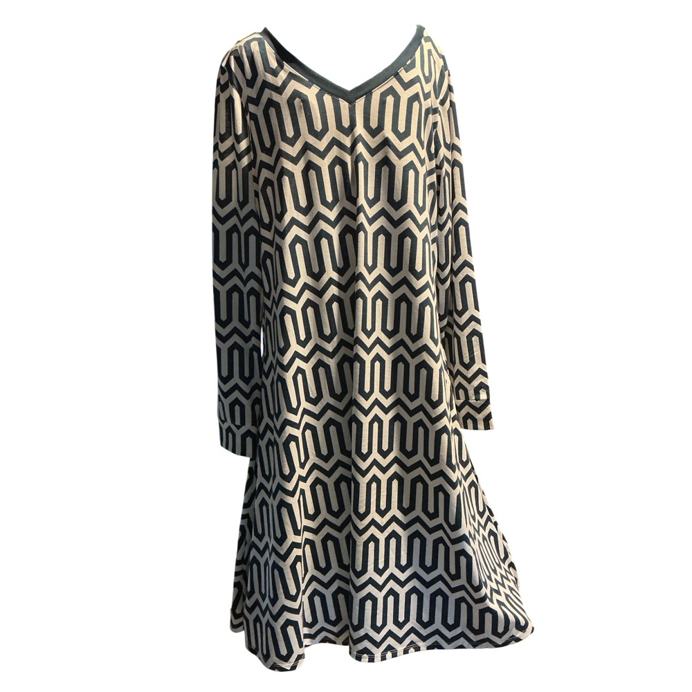 LuLaRoe Emily Dress Medium Navy White Geometric V-Neck Long Sleeve Pocketed NEW